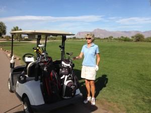 Sue at the golf cart